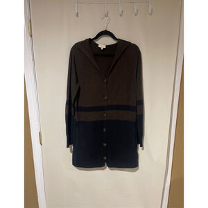 NWOT Women's Project Brown Navy Blue Striped Hooded Button-Front Long Cardigan M